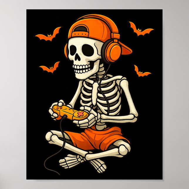 Spelfunktionen Halloween Skeleton Gamer Video Gami Poster (Framsidan)