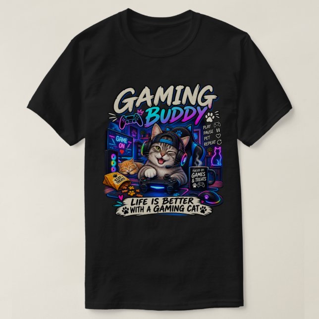 Spelkatt – Rolig Spelkatt Vän T Shirt (Design framsida)