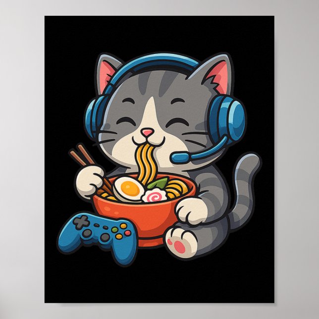 Spelkatt som äter Ramen - Spelälskare Konsollspel Poster (Framsidan)
