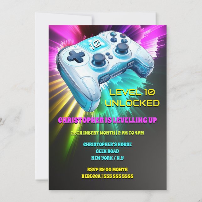 Spelkontroll realistiska videospel neon barn inbjudningar (Framsida)