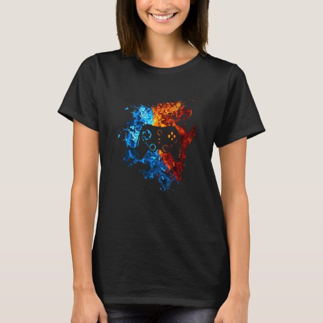 Spelkontroll Red Blue Fire Video Game 1 T Shirt (Framsida)