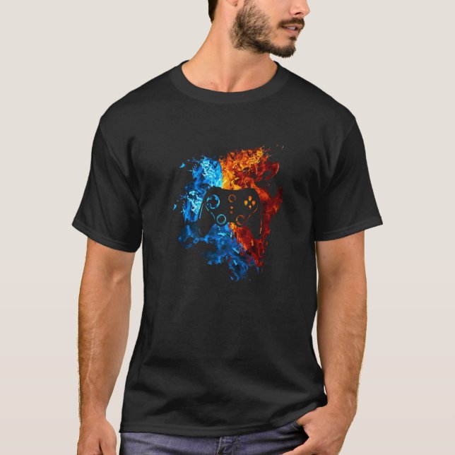Spelkontroll Red Blue Fire Video-spel - Rött blått T Shirt (Framsida)