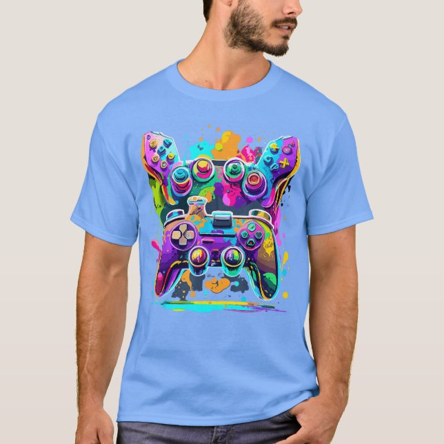 Spelkontroller Målarfärg Dropp Färgglada Spelare G T Shirt (Framsida)