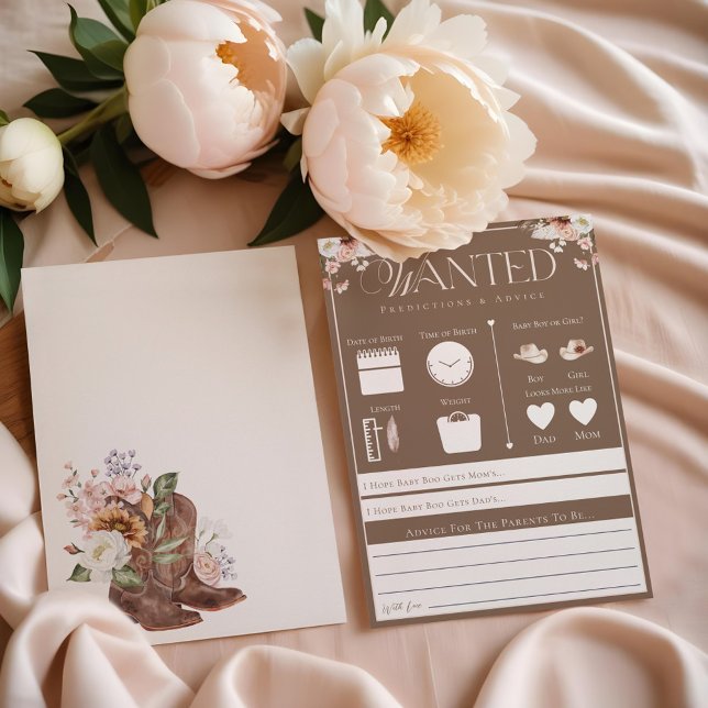Spelkort för förutfattade meningar och råd om vild inbjudningar (Wild West Wanted Predictions & Advice Game Card)