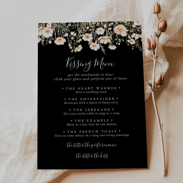Spelkort för Wildblomme Black Bröllop Kissing Menu (Skapare uppladdad)