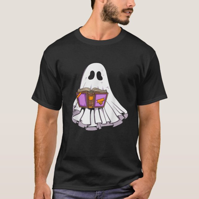 Spell Bok Läsare Ghost Tecknad Halloween-Ghost Kid T Shirt (Framsida)