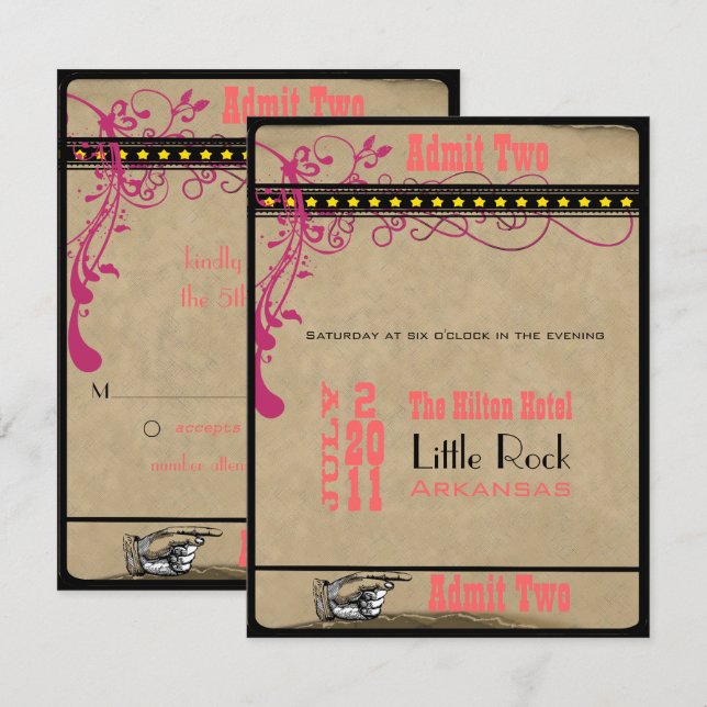 Spellaffe Biljett OSA Raspberry Coral och Gult Inbjudningar (Fram/baksida)