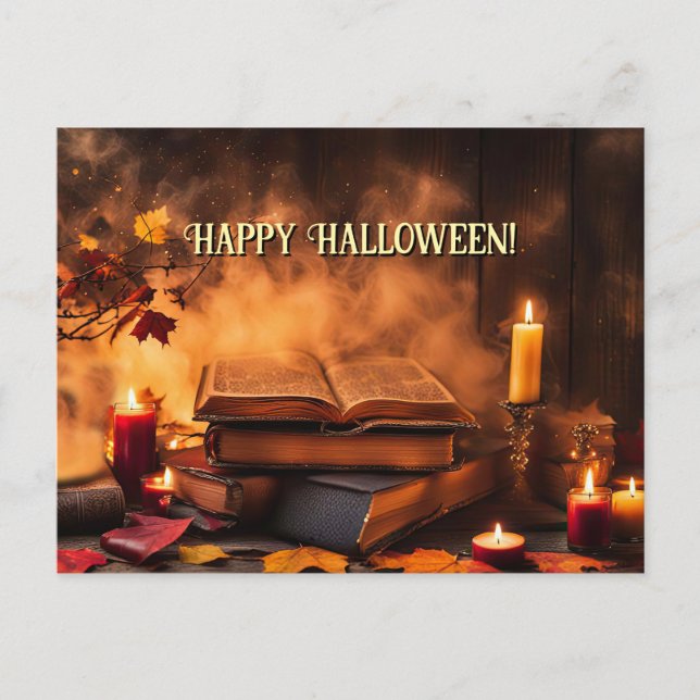 Spellbooks och handböcker i happy halloween helg vykort (Framsida)
