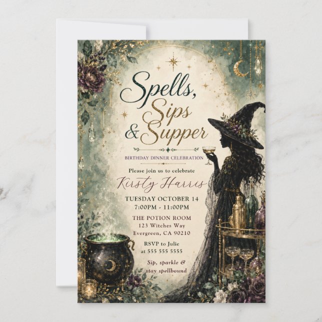 Spells Sips & Supper Födelsedagsmiddagsfirande Inbjudningar (Framsida)