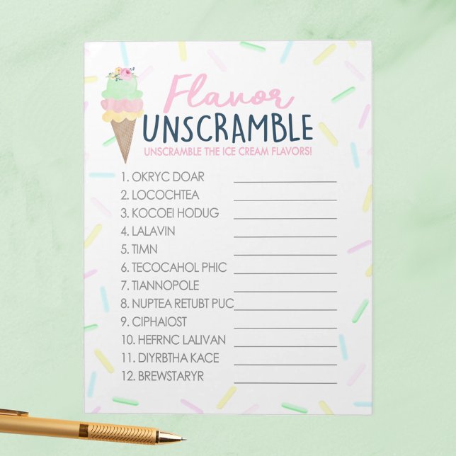 Spelpaket för isCream Flavor Unscramble Party Anteckningsblock (Flavor Unscramble Watercolor Ice Cream Game Pack of 40 Answer Sheets - Perfect for Bridal or Baby)
