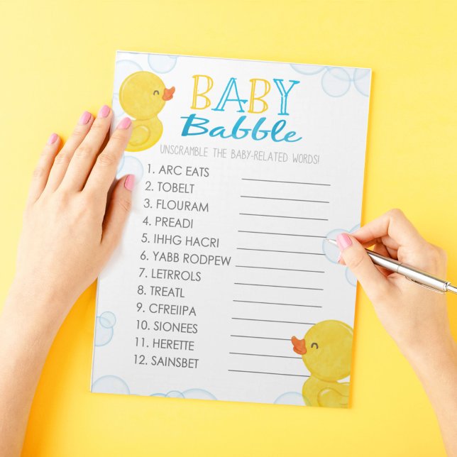 Spelpaketet Rubber Anka Ord Unscramble Baby Shower Anteckningsblock (Baby Babble Word Unscramble Watercolor Rubber Duck Baby Shower Game Pack of 40 Answer Sheets)