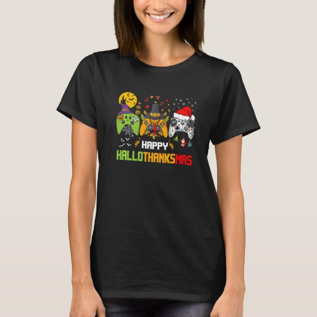 Spelspel i lycklig Hallothanksmas Video Games Cont T Shirt (Framsida)