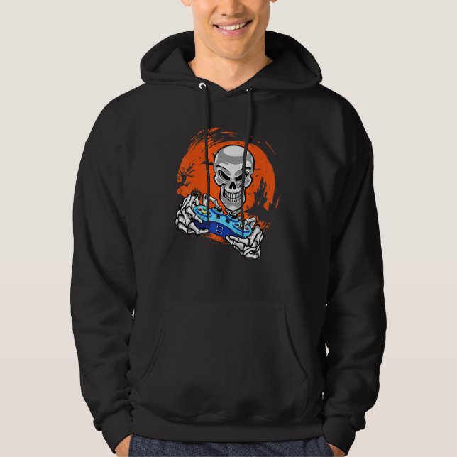 Spelspel i Skeleton Måne Video Game Gamer Hallowee Hoodie (Framsida)