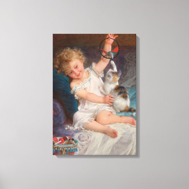 Speltid: Flickan spelar med sin Pet Kitten Canvastryck (Framsida)