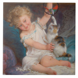 Speltid: Flickan spelar med sin Pet Kitten Kakelplatta