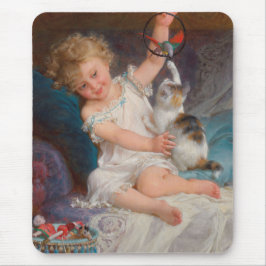 Speltid: Flickan spelar med sin Pet Kitten Musmatta