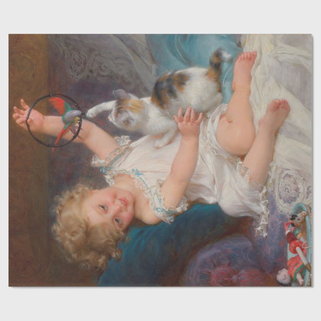 Speltid: Flickan spelar med sin Pet Kitten Presentpapper (Platt)