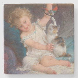 Speltid: Flickan spelar med sin Pet Kitten Stenunderlägg