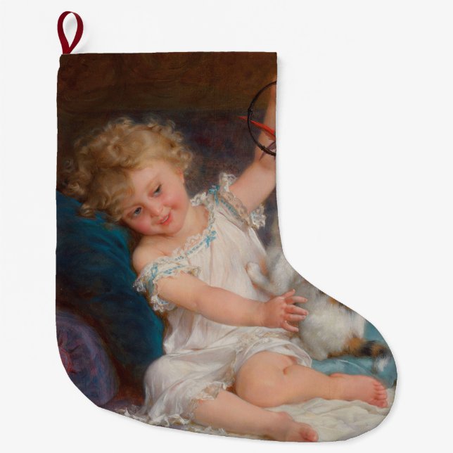 Speltid: Flickan spelar med sin Pet Kitten Stor Julstrumpa (Framsidan)