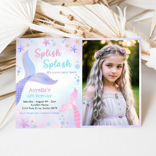 Speth Stänk Sjöjungfru Girl 4e födelsedagen Photo Inbjudningar