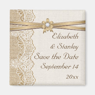 Spets, bandrosett & jute bröllop Save the Date Magnet