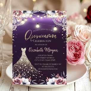 Spets,Diamanter Klänning Blommig Lila Quinceañera Inbjudningar