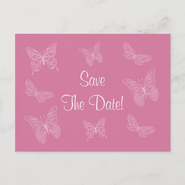 Spets fjäril Save the Date vykort i rosa (Framsida)