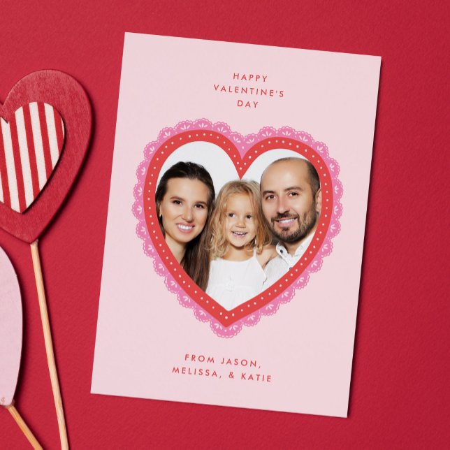 Spets hjärta Alla hjärtans dag Foto Julkort (heart-shaped doily with lace detail Valentine's Day photo card)