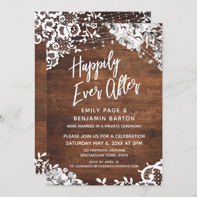 Spets, Ljus & Blommor på Trä Lyckligt för evigt Inbjudningar (Fram/baksida)