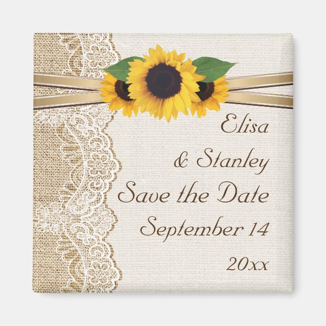 Spets och solroser jute bröllop Save the Date Magnet (Framsidan)