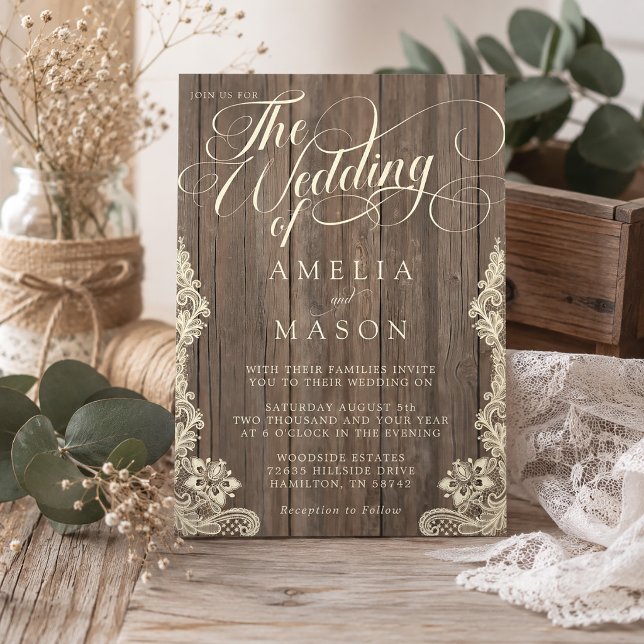Spets och Trä Script Kalligrafi Rustik Bröllop Inbjudningar (Lace and Wood Script Calligraphy Rustic Wedding Invitation)
