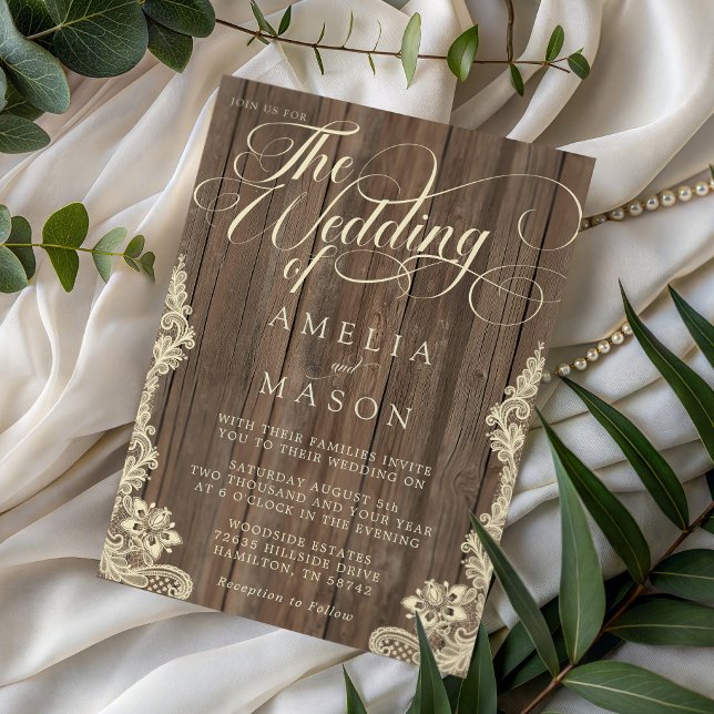 Spets och Trä Script Kalligrafi Rustik Bröllop Inbjudningar (Lace and Wood Script Calligraphy Rustic Wedding Invitation)