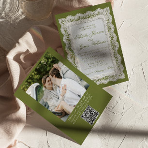 Spets Olivgrön Gamla Pengar Foto QR-kod Bröllop Inbjudningar