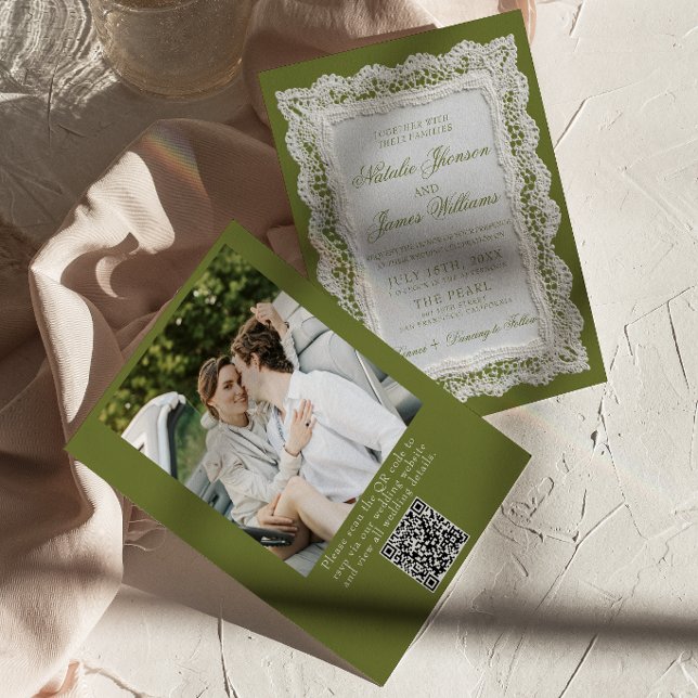 Spets Olivgrön Gamla Pengar Foto QR-kod Bröllop  Inbjudningar (Skapare uppladdad)