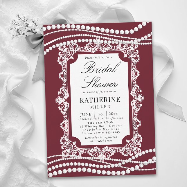 Spets Pärlor Klassisk Burgunder Vit Bröllopsfest Inbjudningar (lace bridal shower ideas white pearls burgundy modern classic traditional elegant invitation card)