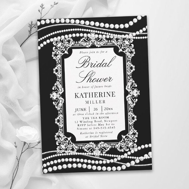 Spets Pärlor Klassisk Svart Vit Bröllopsdusch Inbjudningar (lace bridal shower ideas black white pearls modern classic traditional elegant invitation template )