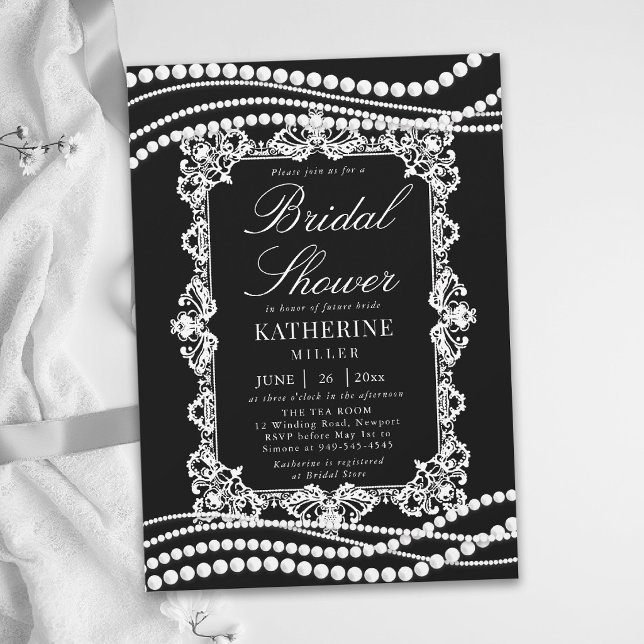 Spets Pärlor Klassisk Svart Vit Elegant Bröllopsfe Inbjudningar (lace bridal shower ideas black white pearls modern classic traditional elegant invitation template)