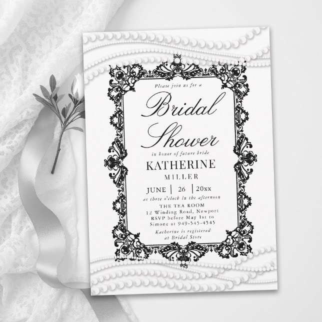 Spets Pärlor Svart Vitt Klassiskt Bröllopsdusch Inbjudningar (lace bridal shower theme black and white pearls modern classic traditional elegant invitation card)