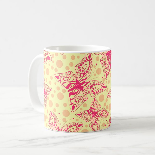 spets röda fjärilar på gul prickig  kaffemugg (Framsida vänster)