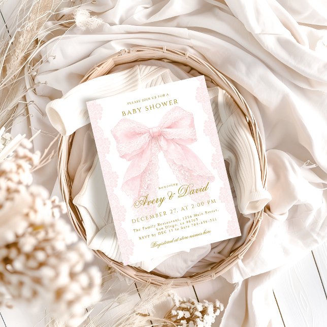 Spets Rosa Båge Flicka Baby Shower  Inbjudningar (Skapare uppladdad)