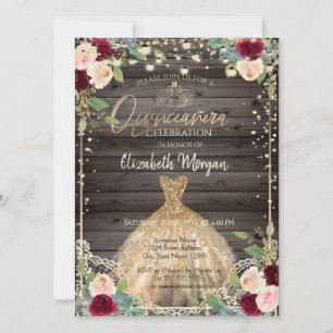 Spets, tiara, klänning, rosor Mörk trä Quinceañera Inbjudningar