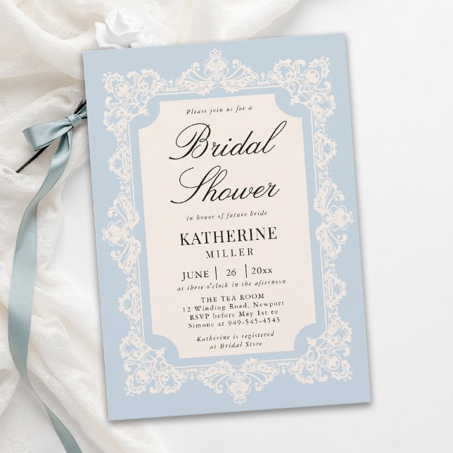 Spetsdammet Blå Ram Modern Klassisk Bröllopsfest Inbjudningar (lace bridal shower ideas modern classic invitation something blue elegant brunch tea template)