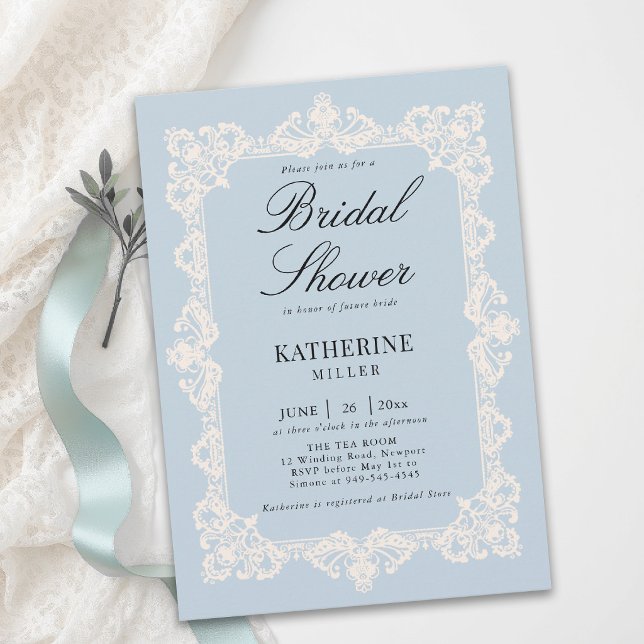 Spetsdammig blå krämmodern klassisk bröllopsdusch inbjudningar (lace bridal shower theme modern classic invitation something blue elegant brunch tea template)