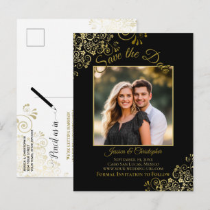 Spetsig guld på svart bröllop Save the Date Foto Meddelande Vykort