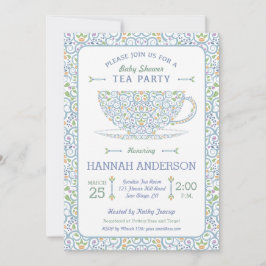 Spetsig Tea Cup Baby Shower Blå Te-fest Inbjudan