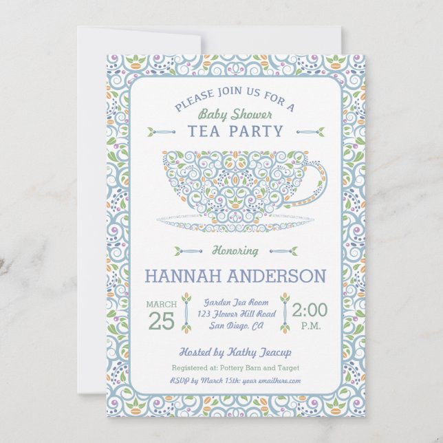 Spetsig Tea Cup Baby Shower Blå Te-fest Inbjudan (Framsida)