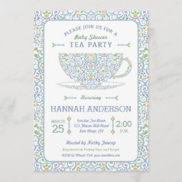 Spetsig Tea Cup Baby Shower Blå Te-fest Inbjudan