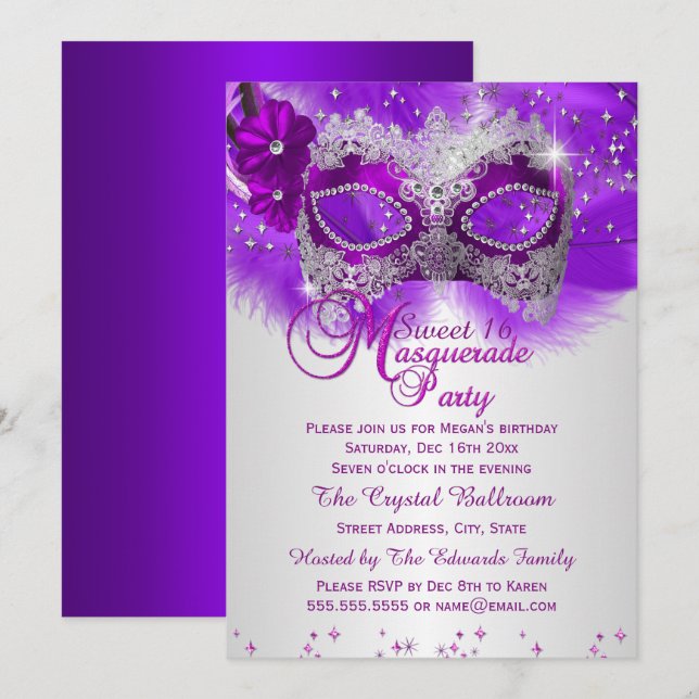 Spetsmask Purpur Silver Maskerad Sweet 16 Inbjudningar (Fram/baksida)