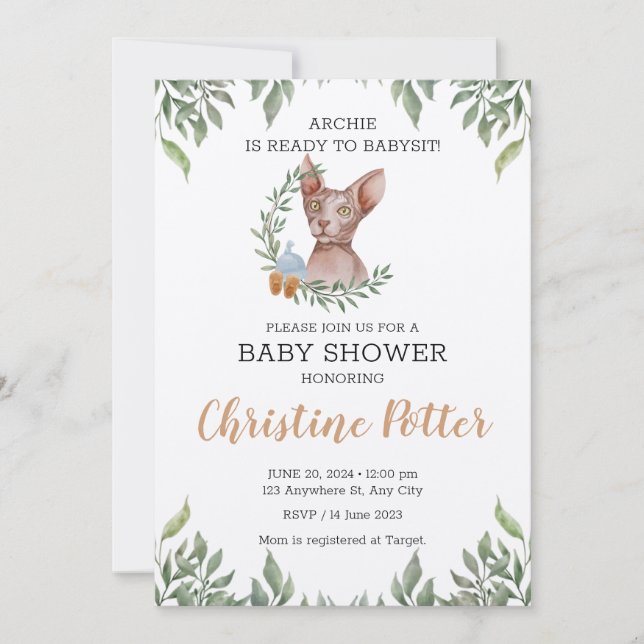 Sphynx Cat Boy Boho Greenery Baby Shower Inbjudningar (Framsida)