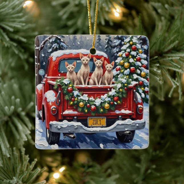 Sphynx Cat Christmas Red Truck Holiday Julgransprydnad Keramik (Träd)